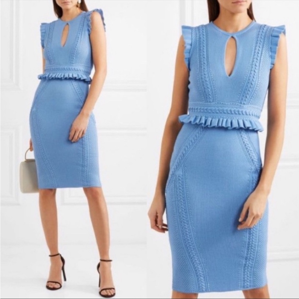 Rebecca Vallance Majorca Ruffle-trimmed Knitted Dress In Light Blue